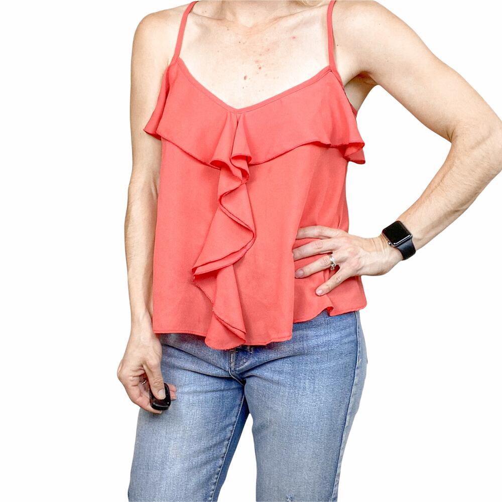 Living Doll Peach Ruffle Front Spaghetti Strap Flowy Top Size Medium